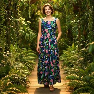 J.Crew Navy Floral Maxi Dress Tiered Skirt Sleeveless Summer Cottage Boho Sz 6